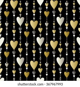 Hearts seamless pattern. Striped love Valentines background  Golden silver vertical beads line pattern background. Gold pearl hearts background. Hearts beads chain design. Vector illustration