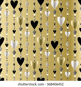 Hearts seamless pattern. Striped love Valentines background  Golden silver vertical beads line pattern background. Gold pearl hearts background. Hearts beads chain design. Vector illustration
