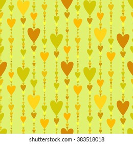 Hearts seamless pattern. Striped love hearts background. Green yellow orange vertical heads line pattern background. Girl child pattern background. Hearts beads design Vector illustration