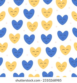 Hearts seamless pattern in Ukraine flag colors. Blue and yellow hearts. Texture for wallpaper, textile, fabric, wrapping paper. Vector illustration in flat style