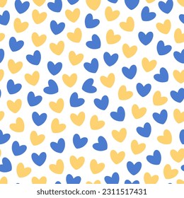Hearts seamless pattern in Ukraine flag colors. Blue and yellow hearts. Texture for wallpaper, textile, fabric, wrapping paper. Vector illustration in flat style