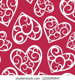 Hört nahtloses Muster. Valentiner Hintergrund. Filigree weiße Schnittherzen auf Hintergrund Magenta Farbe 2023.