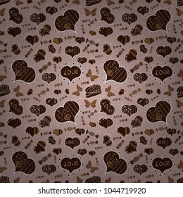 Hearts seamless pattern. Valentine':s day. Baby background with colorful hearts. Vector sketch. Wrapping paper. Flat background for design. Sketch heart elements on neutral, brown and white colors.