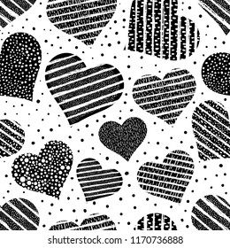 Hearts seamless pattern Valentine's day background Black and white grunge texture