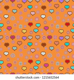 Hearts seamless pattern. Valentine':s day. Sketch heart elements on orange, pink and neutral colors. Flat background for design. Wrapping paper. Vector sketch. Baby background with colorful hearts.