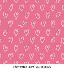 Patrón sin fisuras del corazón para el día de las San Valentín. Concepto de soledad. Ilustración vectorial brillante en estilo dibujado a mano. En tonos rosados monocromos. Para papel de pared, impresión en tela, envoltura
