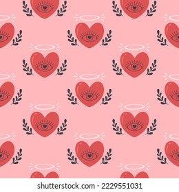 Hearts seamless pattern. Valentines Day, romantic and love element. Heart with eye and flowers. Flat, hand drawn texture for wallpaper, textile, fabric, paper. Hand drawn vector illustration