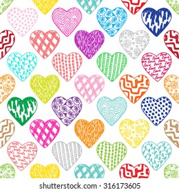 Hearts Seamless pattern. Valentine's day. Colorful Valentine background. Hand drawn doodle Vector illustration. 