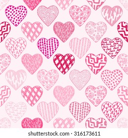 Hearts Seamless pattern. Valentine's day. Pink Valentine background. Hand drawn doodles Vector illustration. 