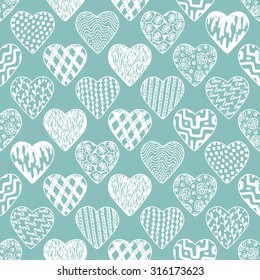Hearts Seamless pattern. Valentine's day. Blue Valentine background. Hand drawn doodles Vector illustration. 