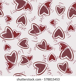 Hearts seamless pattern. Vector. Sketch. Word Love
