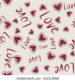 Hearts seamless pattern. Vector. Sketch. Word Love