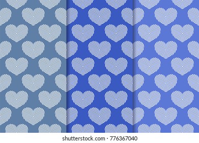 Hearts as seamless patterns. Blue and white romantic vertical backgrounds. Vector illustration