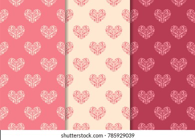 Hearts as seamless patterns. Cherry red and beige romantic backgrounds