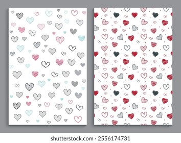 Hearts seamless patterns clipart set. Heart shapes outline endless clip art collection for wallpaper, gift wrap and valentine's day background. Vector illustration white continuous pattern design. 
