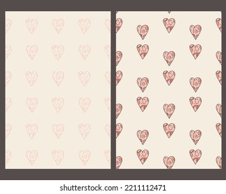 Hearts seamless patterns, collection of 2 illustrations. Hand drawn doodle cartoon graphic design, brush stroke decorative elements. Pink tones colors, geometrical grid background. Vector