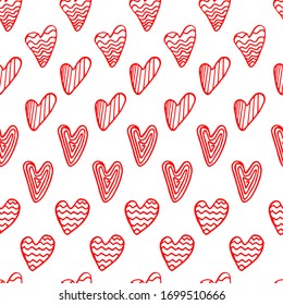 Hearts seamless Patterns. Texture for wallpaper, textile, scrapbooking, interior, fabric vector. Scandinavian trend. Postcard red hearts color on a white isolated background of valentines day.