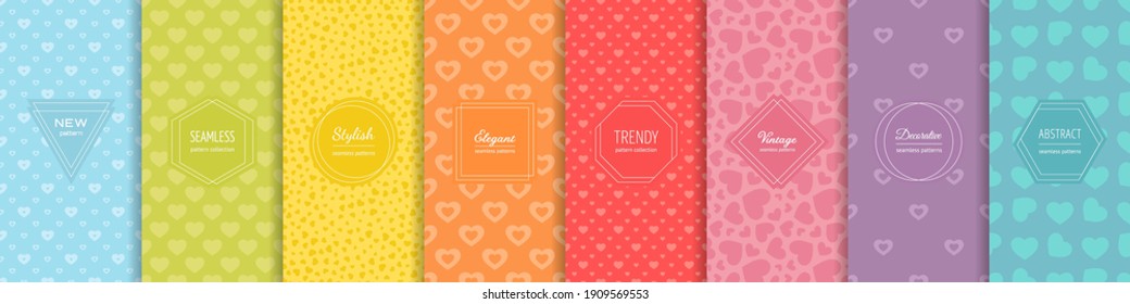 Hearts Seamless Patterns. Valentine's Day Collection. Set Of Bright Colorful Background Swatches With Modern Minimal Labels. Cute Abstract Vector Textures. Rainbow Colors. Design For Kids, Boys, Girls