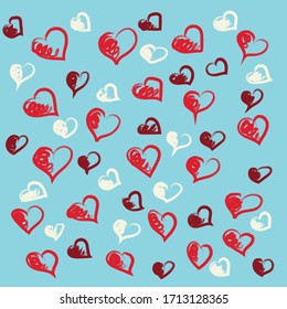 Patrón vectorial sin fisuras del corazón. Colorido fondo de corazones caóticos garabateados multicolores. Ilustración dibujada a mano. EPS10.