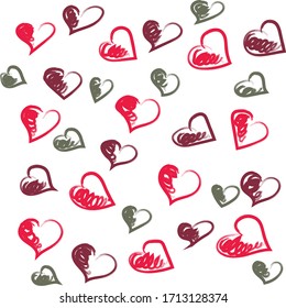 Hearts seamless vector pattern. Colorful background of multicolored scribbled chaotic hearts. Hand drawn illustration. EPS10.