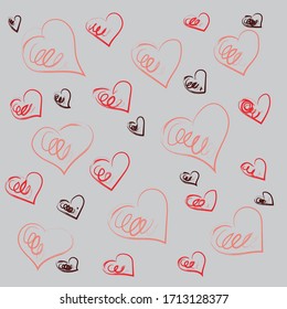 Hearts seamless vector pattern. Colorful background of multicolored scribbled chaotic hearts. Hand drawn illustration. EPS10.