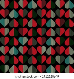 Hearts seamless vector pattern. Colorful background of multicolored scribbled chaotic hearts. Geometric illustration. EPS10.