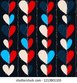 Hearts seamless vector pattern for girlish design. Girlish print with bright hearts on black.