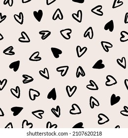 Hearts seamless vector pattern in hand drawn style. Romantic repeatable background for Valentines Day and holidays. Festive backdrop with brush heart. Love pattern. Beautiful fabric texture