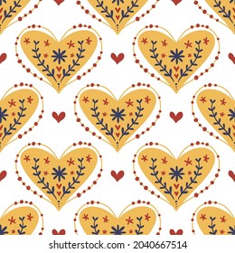 Hearts Seamless Vector Pattern. Ornate Romantic Boho Valentine Background With Flower. Valentine's Day Floral Texture Design.