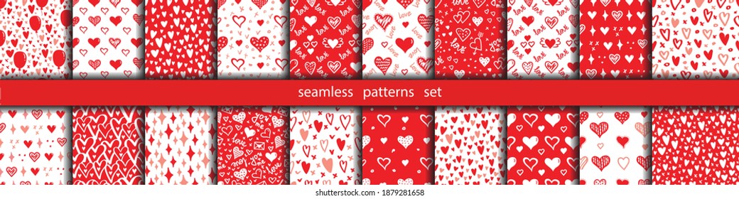 Hearts seamless vector patterns set. Valentines day background collection. Flat design endless chaotic texture made of tiny heart silhouettes. Vector wallpaper or print fabric.