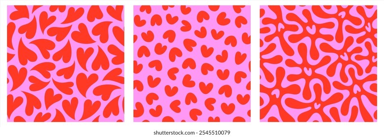 Hearts seamless vector patterns set. Valentine's Day hand drawn trendy backgrounds collection. Liquid, fluid, rounded cute heart shapes, blobs, blots silhouettes. Retro, psychedelc vibes.