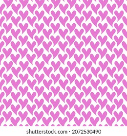 Hearts seamless white background with pink symbols of love. Vector pattern.  Hearts tile for Valentine day textile, wrapping. Hand drawn style.