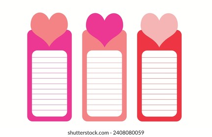 Hearts set. Hearts bookmarks paper sticker collection. Writing cards for taking notes and organizing educational process
