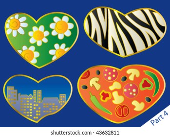 Hearts set: camomile-heart, zebra-heart, city-heart, pizza-heart. Part 4