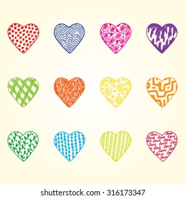 Hearts Set. Colorful Hearts icons. Hand drawn doodles Vector illustration. Valentine's day. 