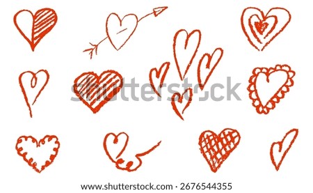 Сhalk hearts set. Crayon collection of love symbols. Sketch illustrations for Valentine’s Day, wedding, greeting cards and decoration. Vector illustration on white background