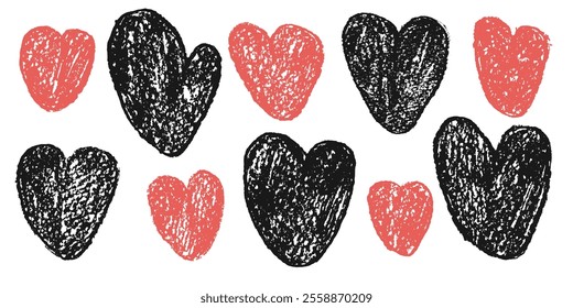 Hearts set. Crayon red and black romantic doodle elements. Love signs grunge icons. Textured vector charity or kind symbols shapes drawn by charcoal or pencil illustration isolated on white background