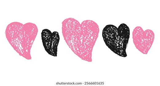 Hearts set. Crayon romantic elements. Love signs grunge icons. Textured pink and black vector charity or kind symbols shapes drawn by charcoal or graphite pencil illustration on white background.