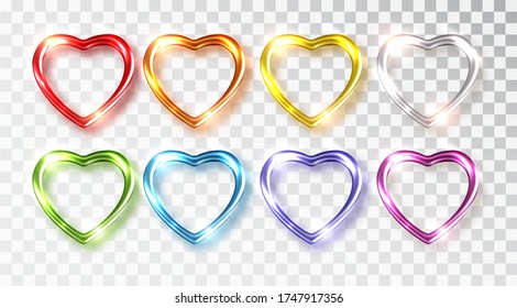 Corazones de colores diferentes. Objeto 3d de decoración realista. Conjunto de Símbolo romántico del corazón del amor aislado. ilustración