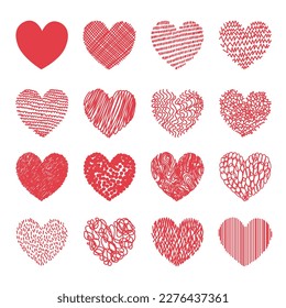 Hearts set. Doodle hearts sketch set. Various different hand drawn heart icon love collection isolated on white background. Red heart symbol for Valentines Day.