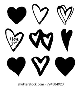 Hearts set. Element for design. Abstract black hearts. Vector illustration. Black hand drawn hearts on white background. Vector design element for Valentine's day.