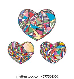 Hearts set hand drawn background. Abstract stylized love illustration. Colorful bright Valentines card in modern style.