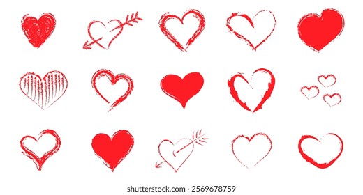 Hearts set. Hand drawn by Charcoal brush different hearts shapes. Chalk drawn sketch for Valentines Day, romantic date, love, wedding. Vector illustration isolated on white background