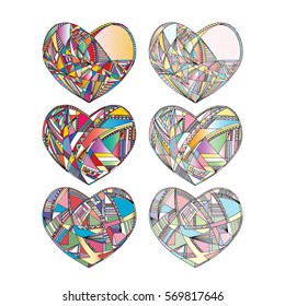 Hearts set hand drawn vector background. Abstract stylized love illustration. Colorful Valentines design in modern style.