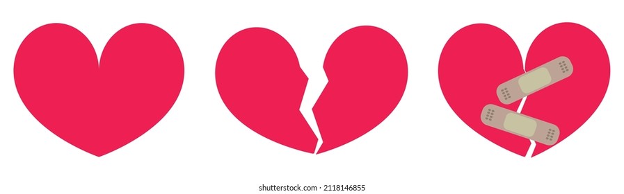 Los corazones se pusieron. Vector cardiaco de color rojo con herida, yeso aislado en fondo blanco. Ilustración vectorial.