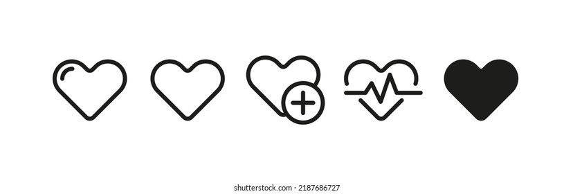 Hearts Set Icon. Cardiology, Plus, Electrocardiogram, ECG, Pulse, Check, Heartbeat, Treatment, Treat, Heart Attack, Infarct, Hospital. Healthcare Concept. Vector Line Icon For Business And Advertising