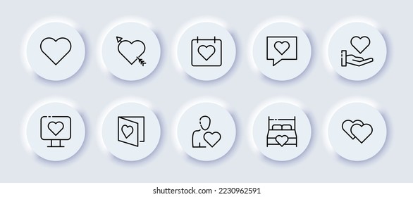 Hearts set icon. Cupids arrow, calendar, meet, love letter, message, hand, computer, postcard, couple, marital bed, wedding. Relationships concept. Neomorphism style. Vector line icon for Business