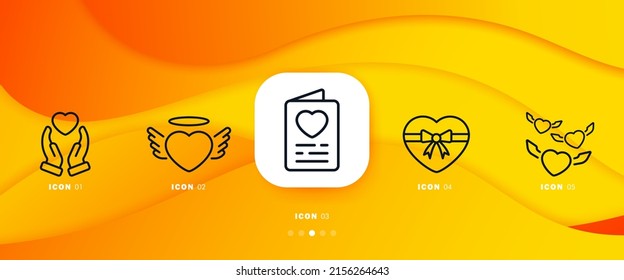 Hearts set icon. Heart with wings, in hands, valentine, postcard. Valentines Day concept. Infographic timeline with icons and 5 steps. Vector line icon for Business and Advertising