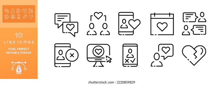 Hearts set icon. Love, long distance relationship, online communication, calendar, broken heart, dating app. Relationships concept. Vector editable set icon on a white background