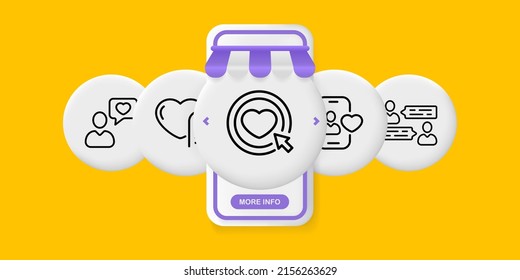 Hearts set icon. Person, correspondence, love, relationship, couple, profile, account, friendship, sympathy marriage. UI phone app screens with people. Vector line icon for Business and Advertising